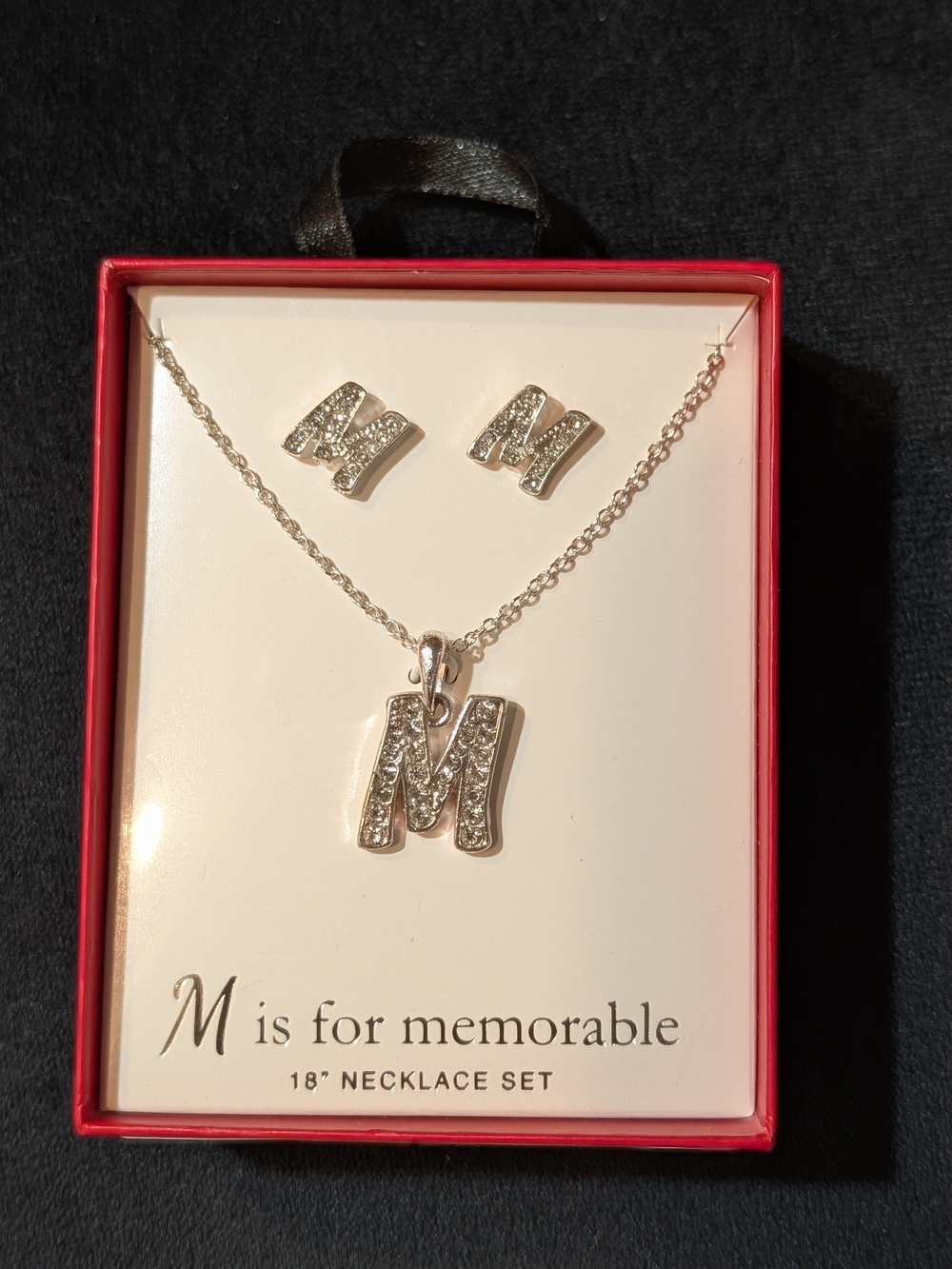 Silver 'M' Initial Necklace and Earring Set - Sparkling Letter Jewelry